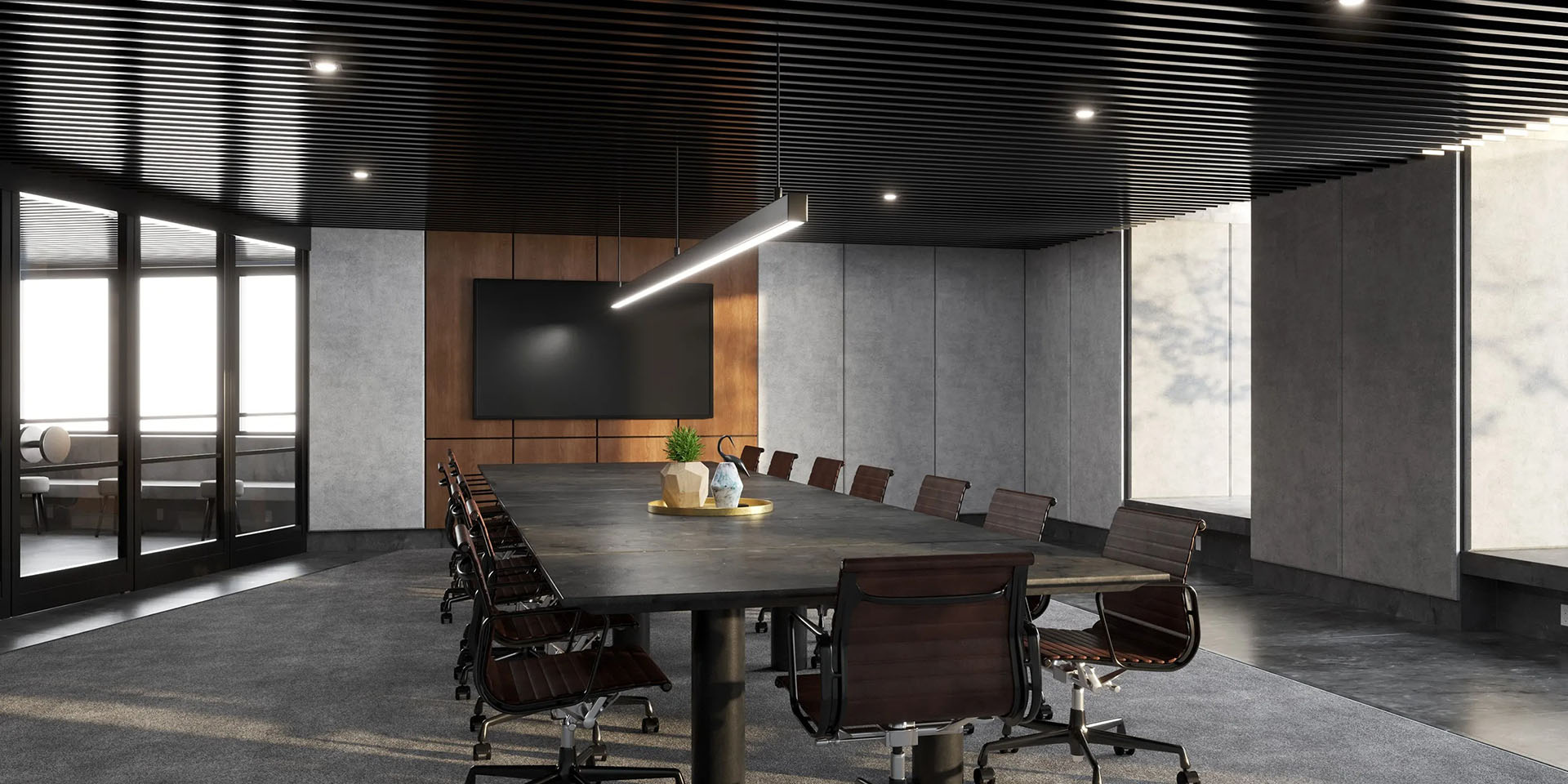 Industrial interior design with concrete-look acoustic panels